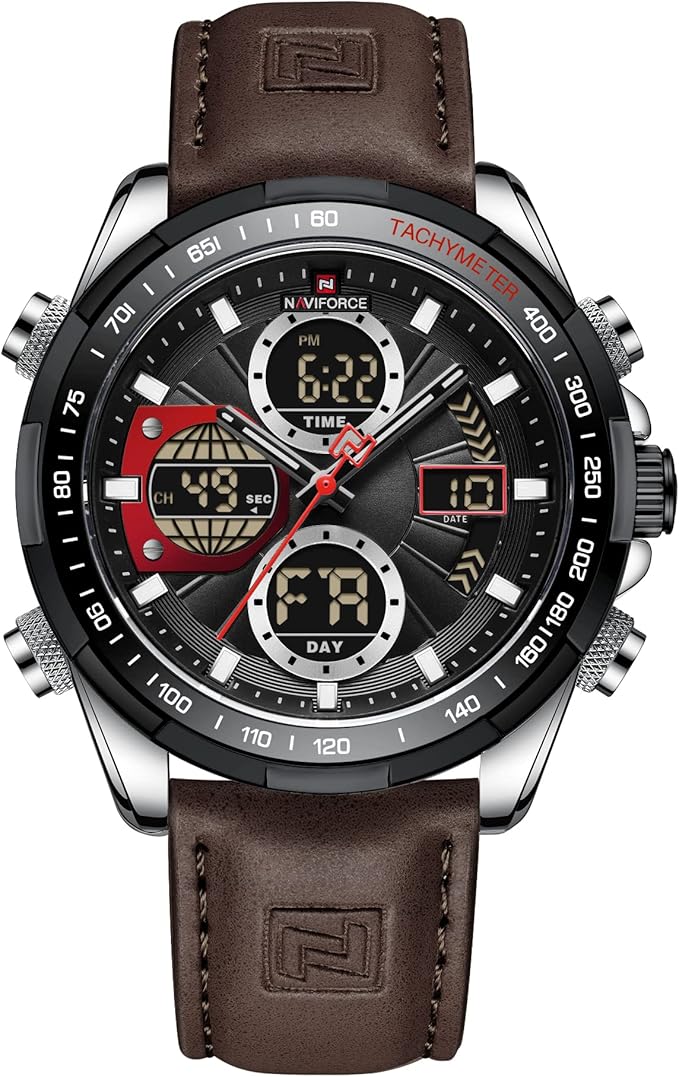NAVIFORCE Men  Military Digital Watches Analog Quartz Waterproof Watch Sport Multifunctional Leather Wristwatch